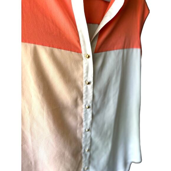 Fabrika Colorblock Blouse Women’s LG Orange Beige Short Sleeve Button Front Top - Picture 2 of 5